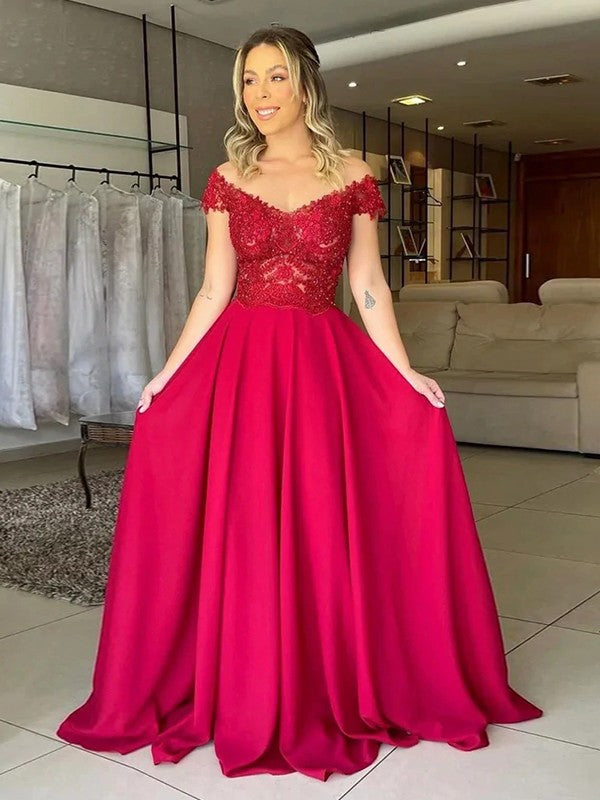 A-Line/Princess  Woven Satin Applique Off-the-Shoulder Sleeveless Sweep/Brush Train Dresses