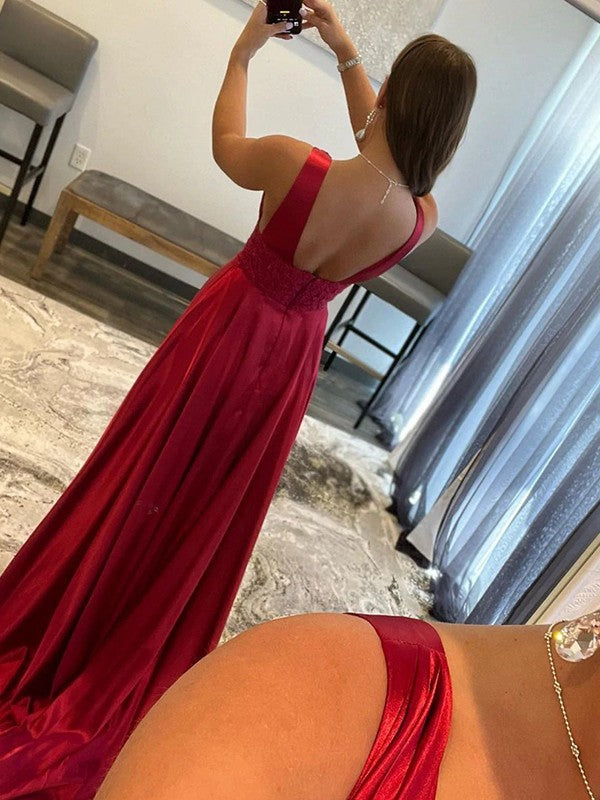 A-Line/Princess  Woven Satin Applique V-neck Sleeveless Sweep/Brush Train Dresses