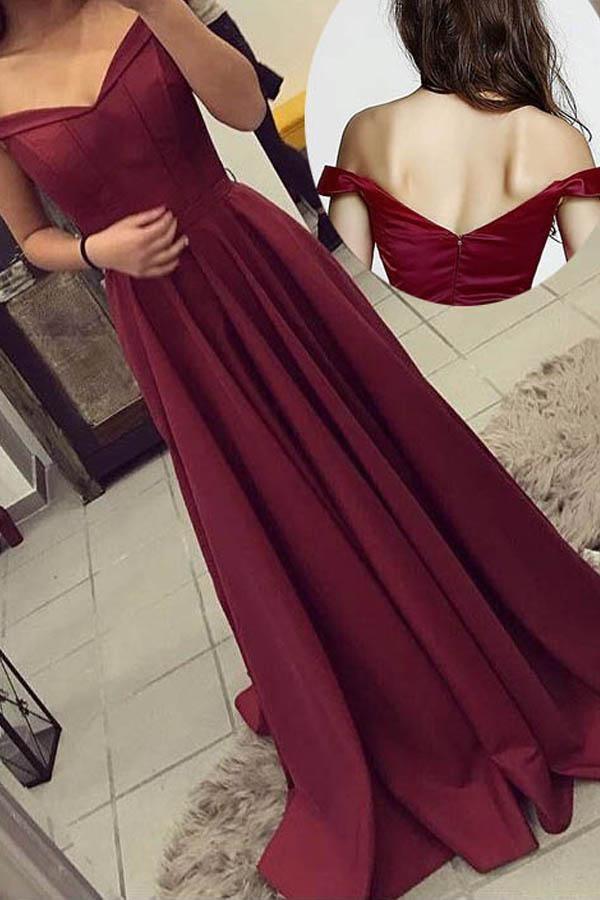Robe de bal élégante rouge vin sans manches à épaules dénudées, robe de bal rouge vin en forme de A dos nu et longueur au sol