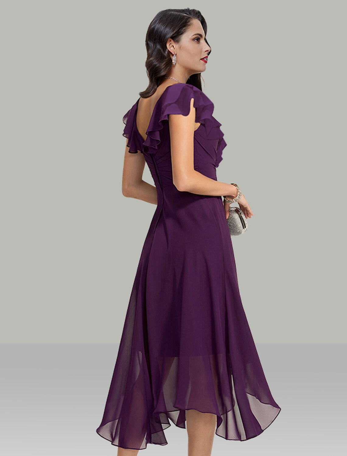 Robe de mariée trapèze élégante, robe de cocktail, robe de soirée, semi-formelle, longueur thé, manches courtes, col en V, mousseline de soie avec strass