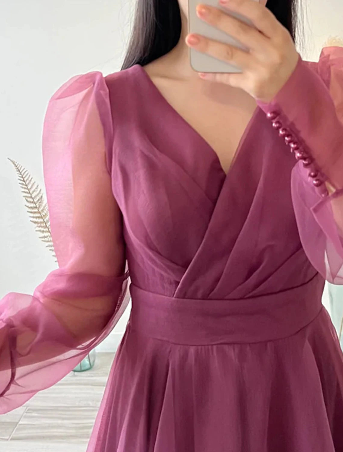 Robe de cocktail trapèze minimaliste, robe de Noël rouge et verte, robe d'invitée de mariage, longueur thé, manches longues, col en V, organza avec boutons, couleur pure