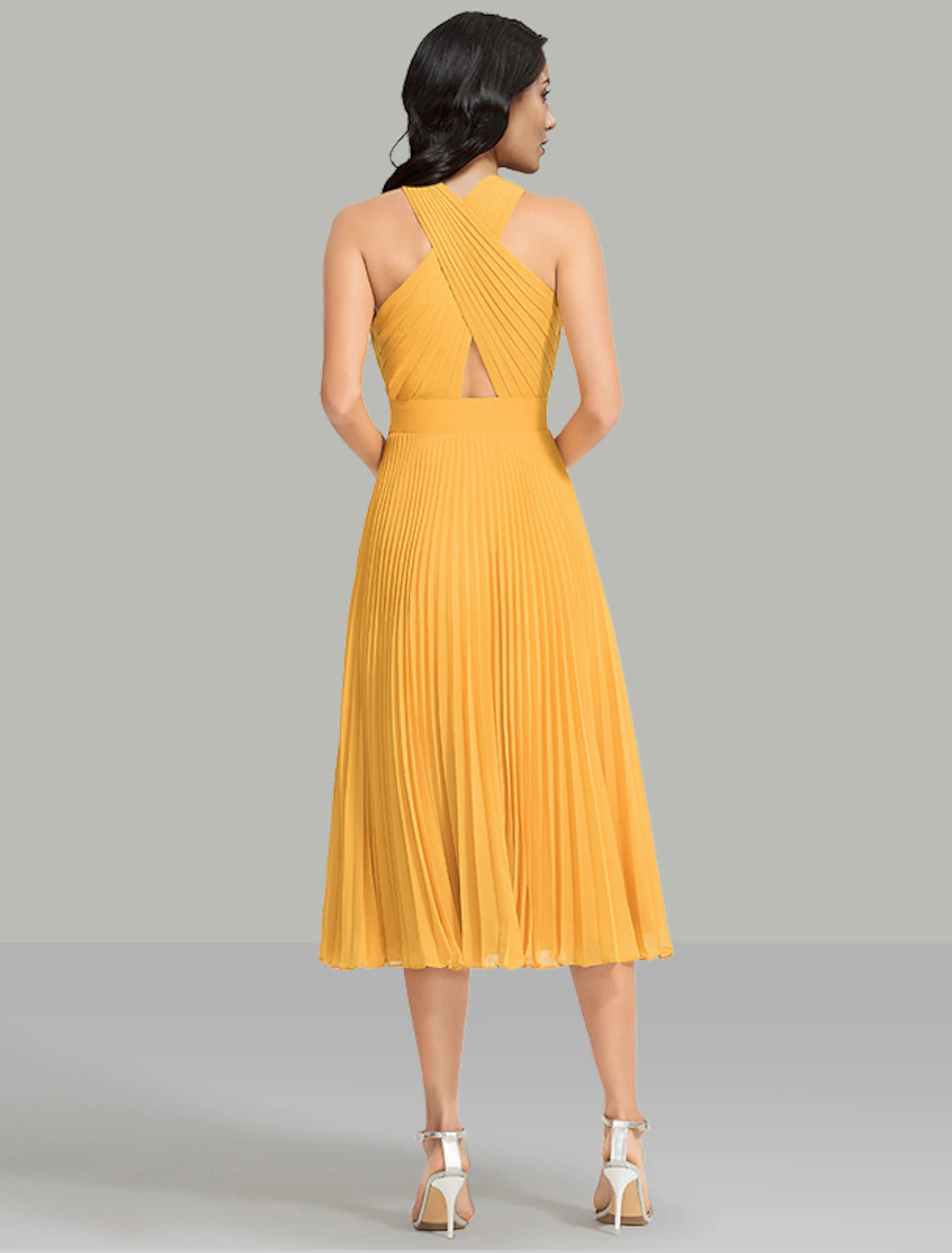 Robe de mariée trapèze élégante, robe de cocktail, robe de soirée, longueur thé, sans manches, col licou, mousseline avec fronces