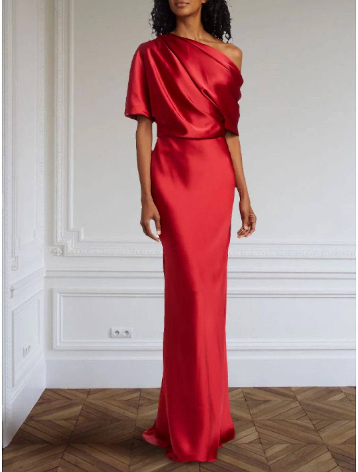Etuikleid/Säulenkleid, formelles Abendkleid, elegantes Kleid, formelles Kleid, bodenlang, halbe Ärmel, schulterfrei, Satin mit Falten, gerüscht