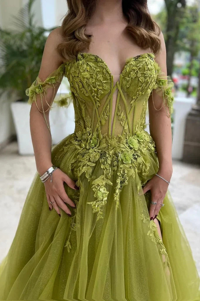 Olive Green A-Line Sweetheart Off-The-Shoulder High-Slit Prom Dress