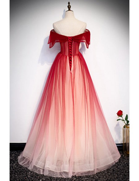 Unique/Beautiful Red Gradient Princess Shoulder Short Sleeve Beaded Long Hanging Neck Evening Dress Gradient Red Sleeveless Backless and Floor Length Evening Dress