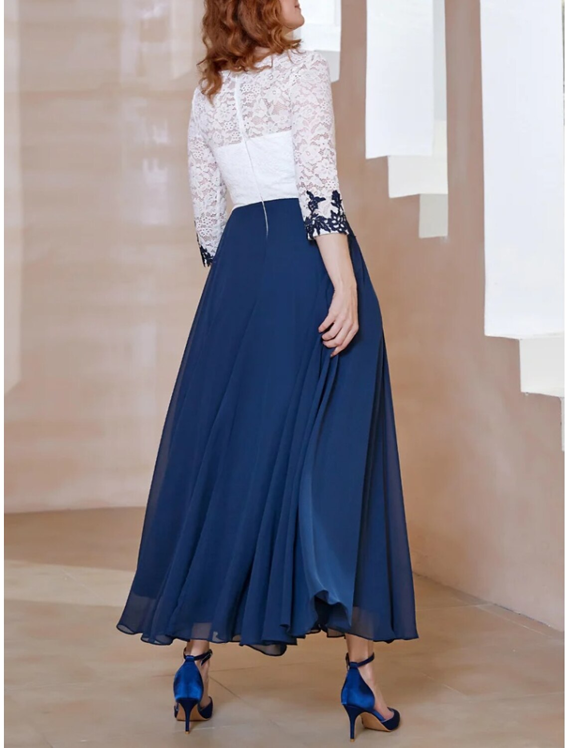 A-Linien-Kleid für die Brautmutter, Hochzeitsgast, elegant, U-Ausschnitt, knöchellang, Chiffon, 3/4-Ärmel mit Spitzenrüschen