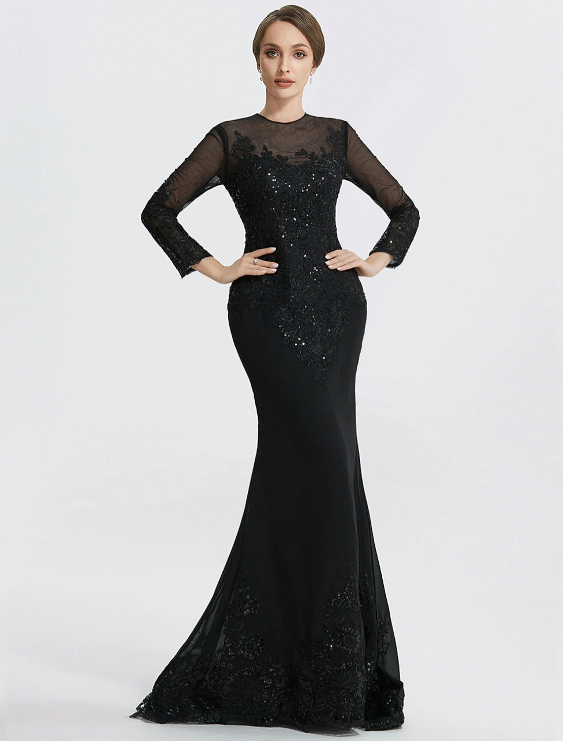 Meerjungfrau/Trompete Etuikleid/Säule Abendkleid Elegantes Kleid Formale Bodenlange Langarm Schmuckhals Spitze mit Applikationen