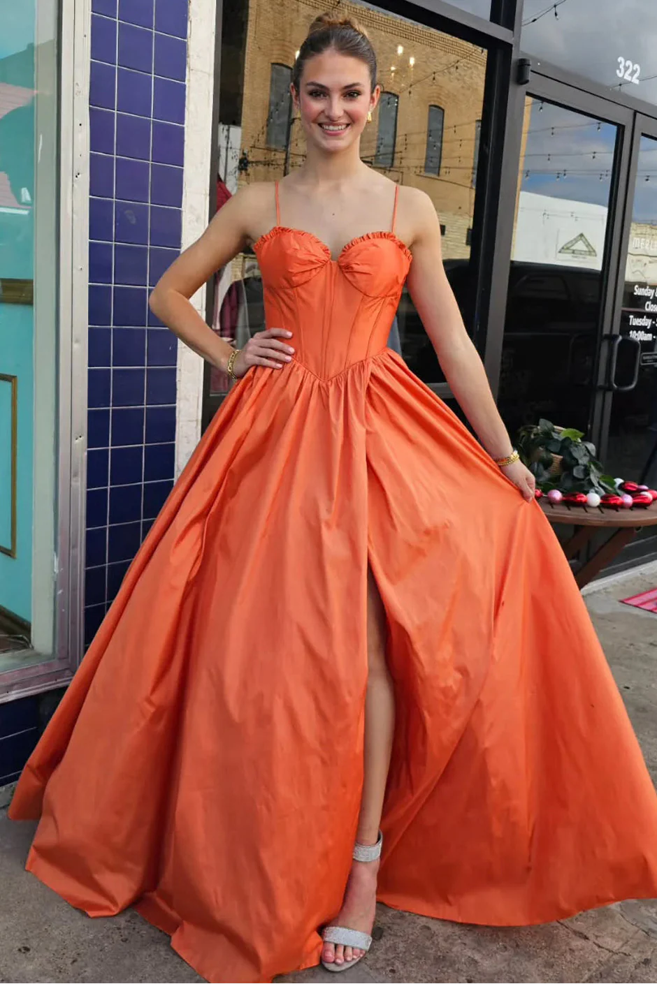 Orange Ball-Gown Sweetheart Spaghetti-Strap Prom Dress