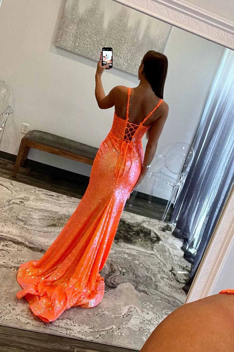 Orange Sequin Mermaid Sweetheart Lace-Up Back High Slit Prom Dress