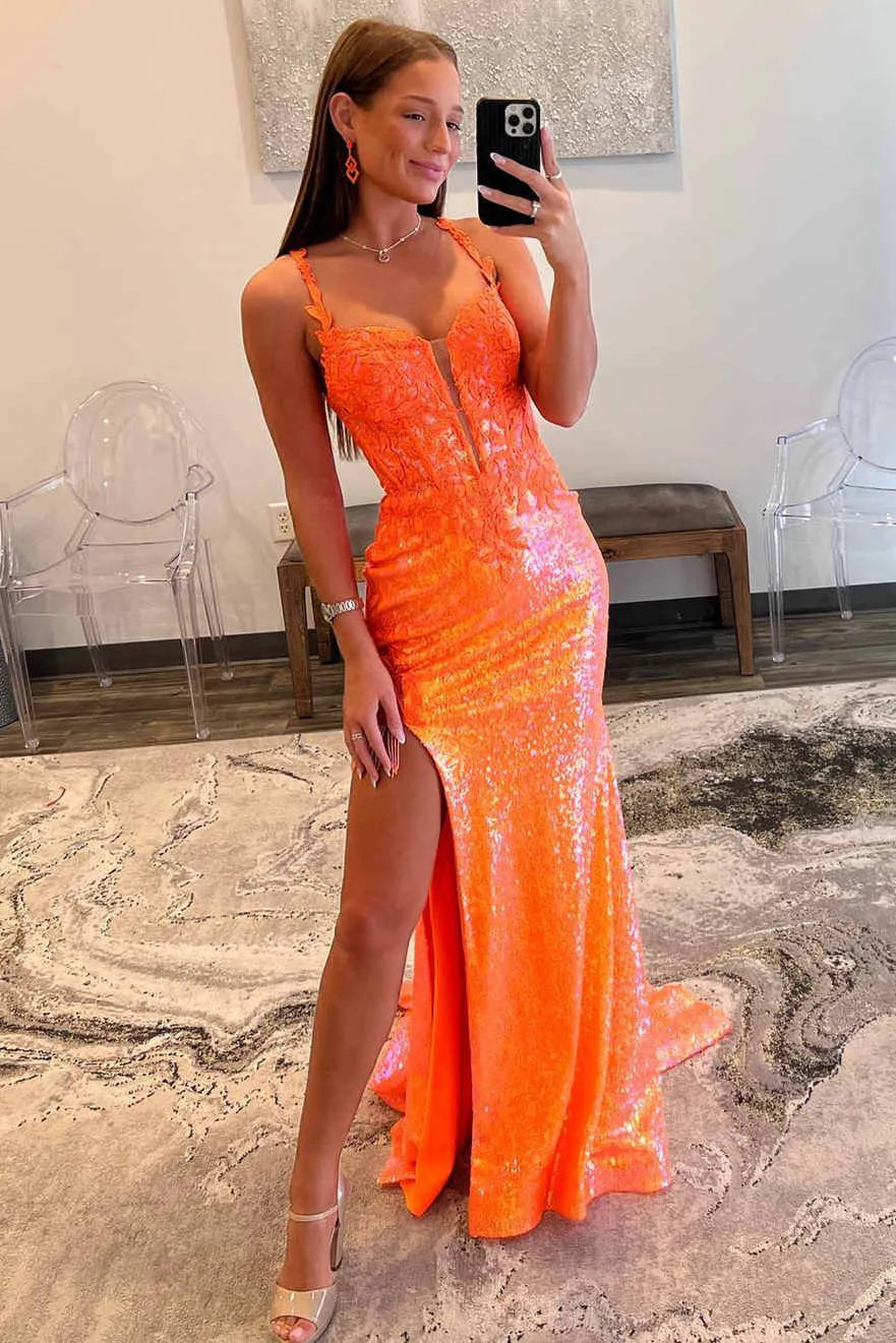 Orange Sequin Mermaid Sweetheart Lace-Up Back High Slit Prom Dress