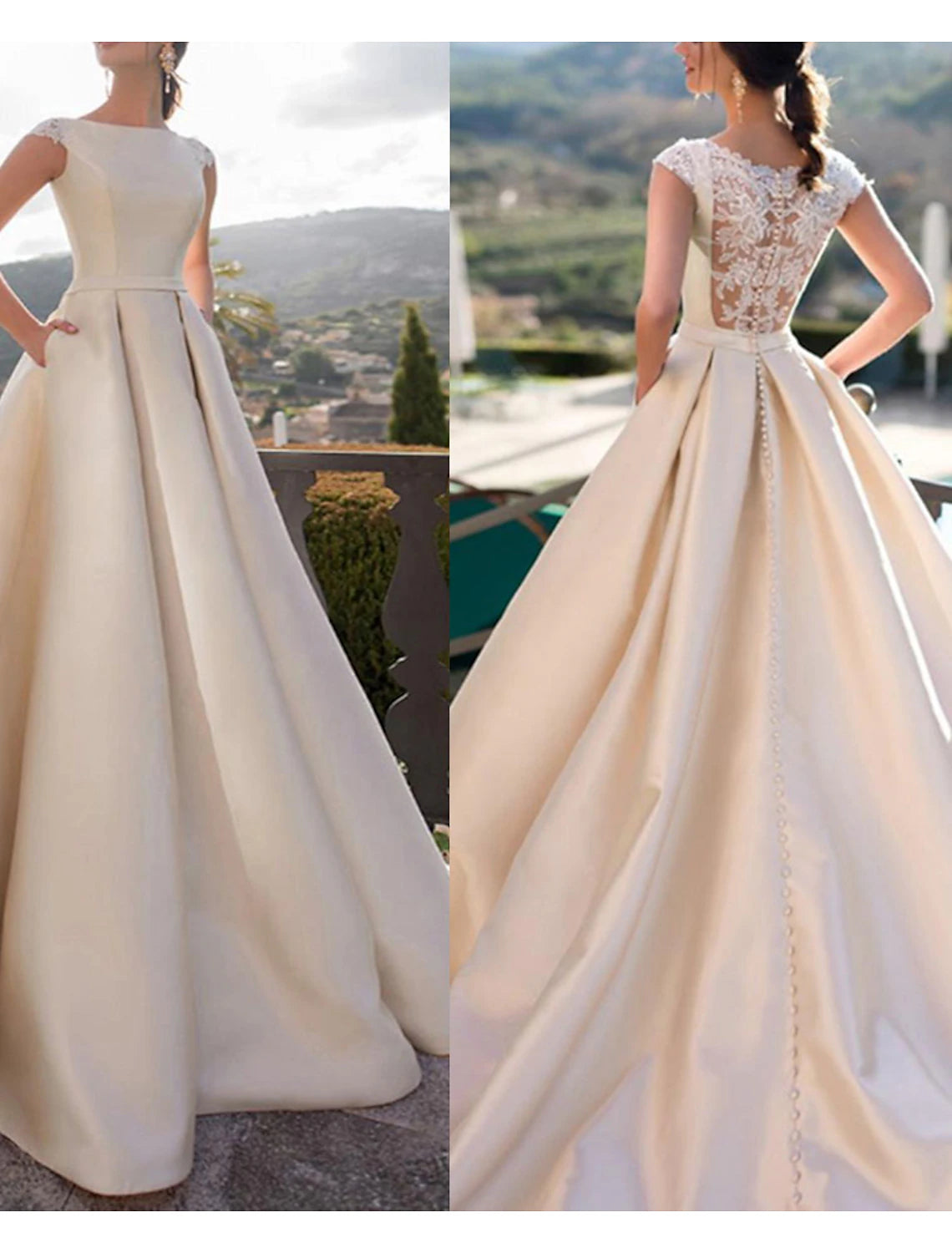 Hall Royal Style Brautkleider A-Linie Rundhalsausschnitt Ärmellos Hofschleppe Satin Brautkleider Mit Perlen Applikationen
