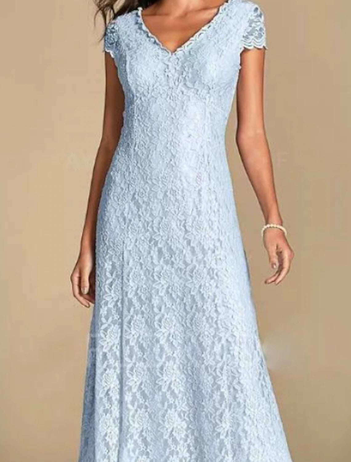 A-Linie Kleid für die Brautmutter, Hochzeitsgast, Übergröße, V-Ausschnitt, knöchellang, Spitze, kurze Ärmel mit Falten