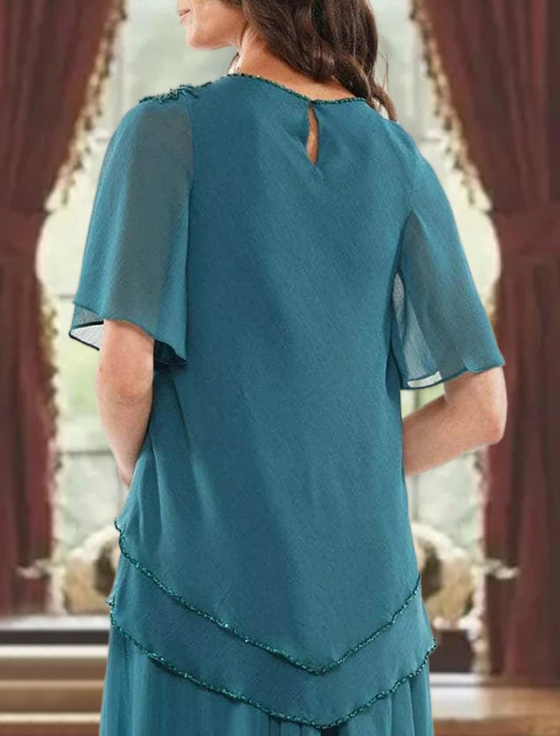 A-Linie Kleid für die Mutter der Braut, formeller Hochzeitsgast, elegant, Rundhalsausschnitt, bodenlang, Chiffon, kurze Ärmel, mit Falten, Perlen