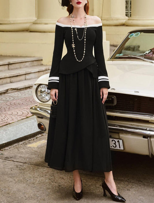 A-Line Cocktail Dresses Elegant Dress Wedding Guest Ankle Length Long Sleeve Off Shoulder Stretch Fabric with Ruched