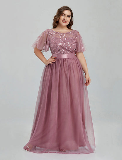 A-Linie Ballkleider Blumenkleid Hochzeitsgast Partykleidung Bodenlang Kurzarm Rundhals Brautjungfernkleid Tüll mit Stickerei