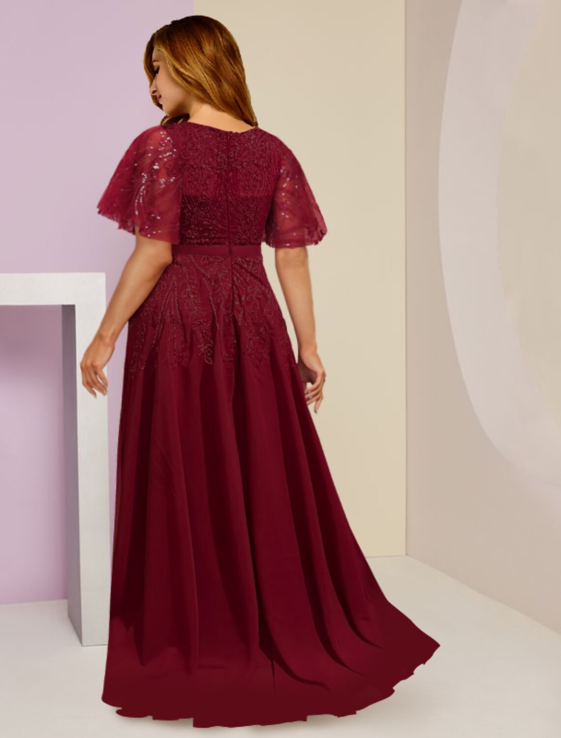 Kleider für die Brautmutter, Übergröße, Kurve, Bauch verbergen, Hochzeitsgast, elegant, funkelnd und glänzend, V-Ausschnitt, bodenlang, Chiffon, Spitze, Pailletten, kurze Ärmel mit Falten, Schlitz vorne