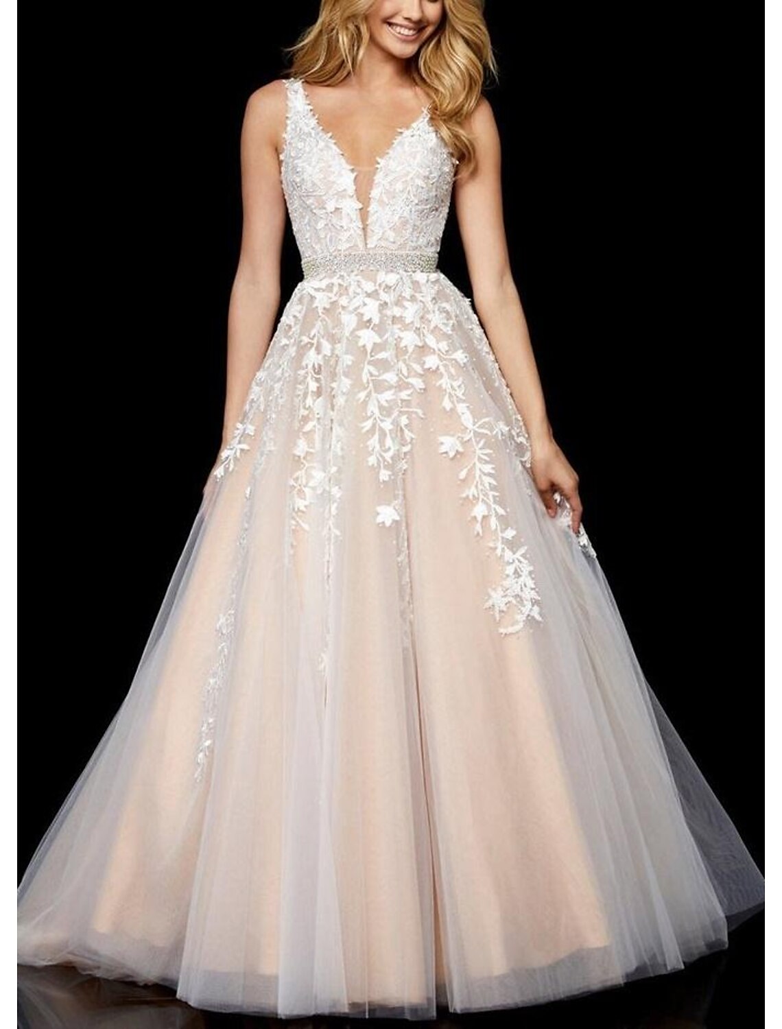 Robe de bal trapèze élégante, longueur au sol, sans manches, col en V, tulle avec broderies et perles