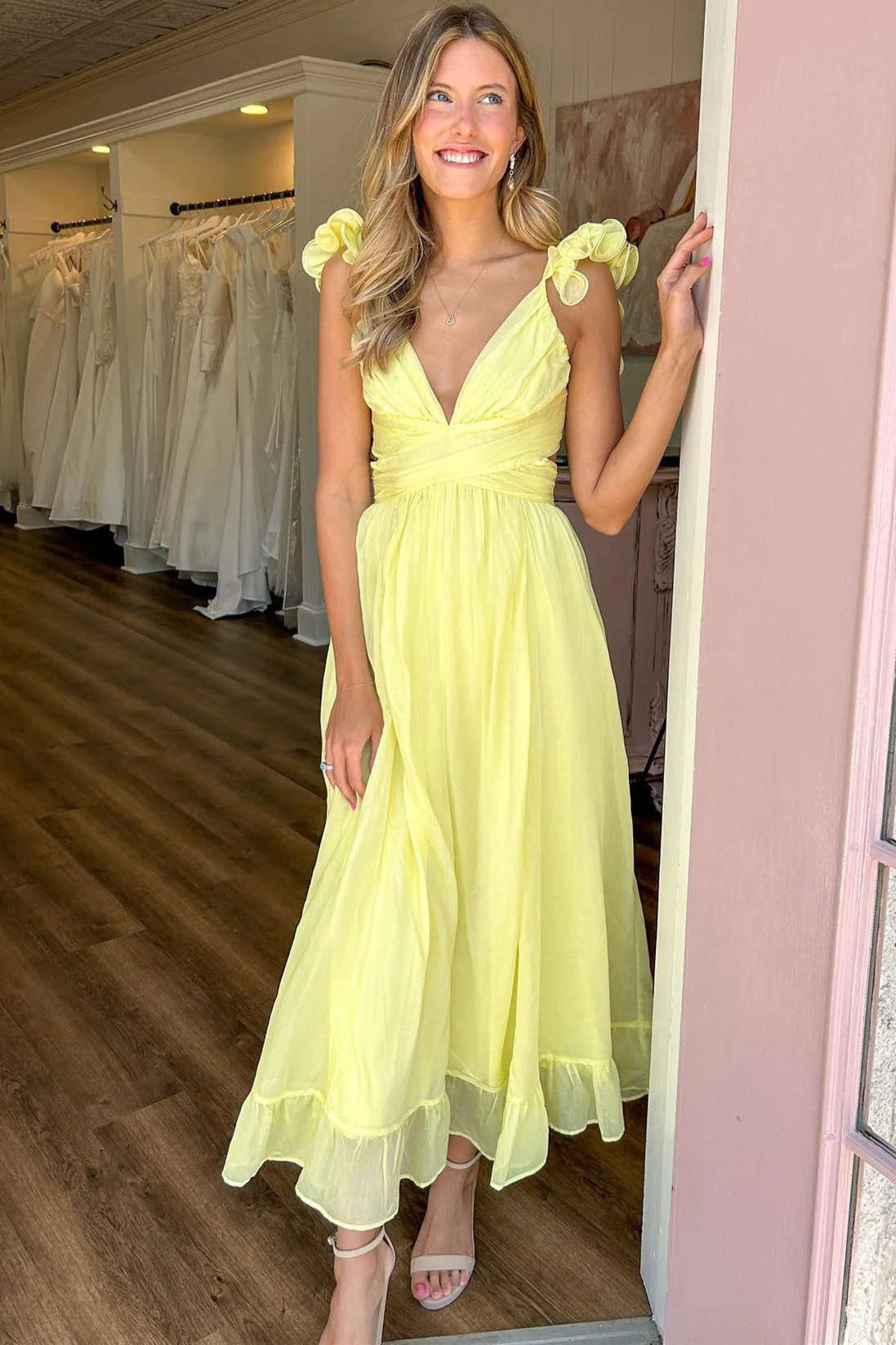 Pale Yellow A‑Line Deep‑V Neck Ruffled‑Strap Lace‑Up‑Back Ruffle‑Hem Midi Chiffon Formal Dress