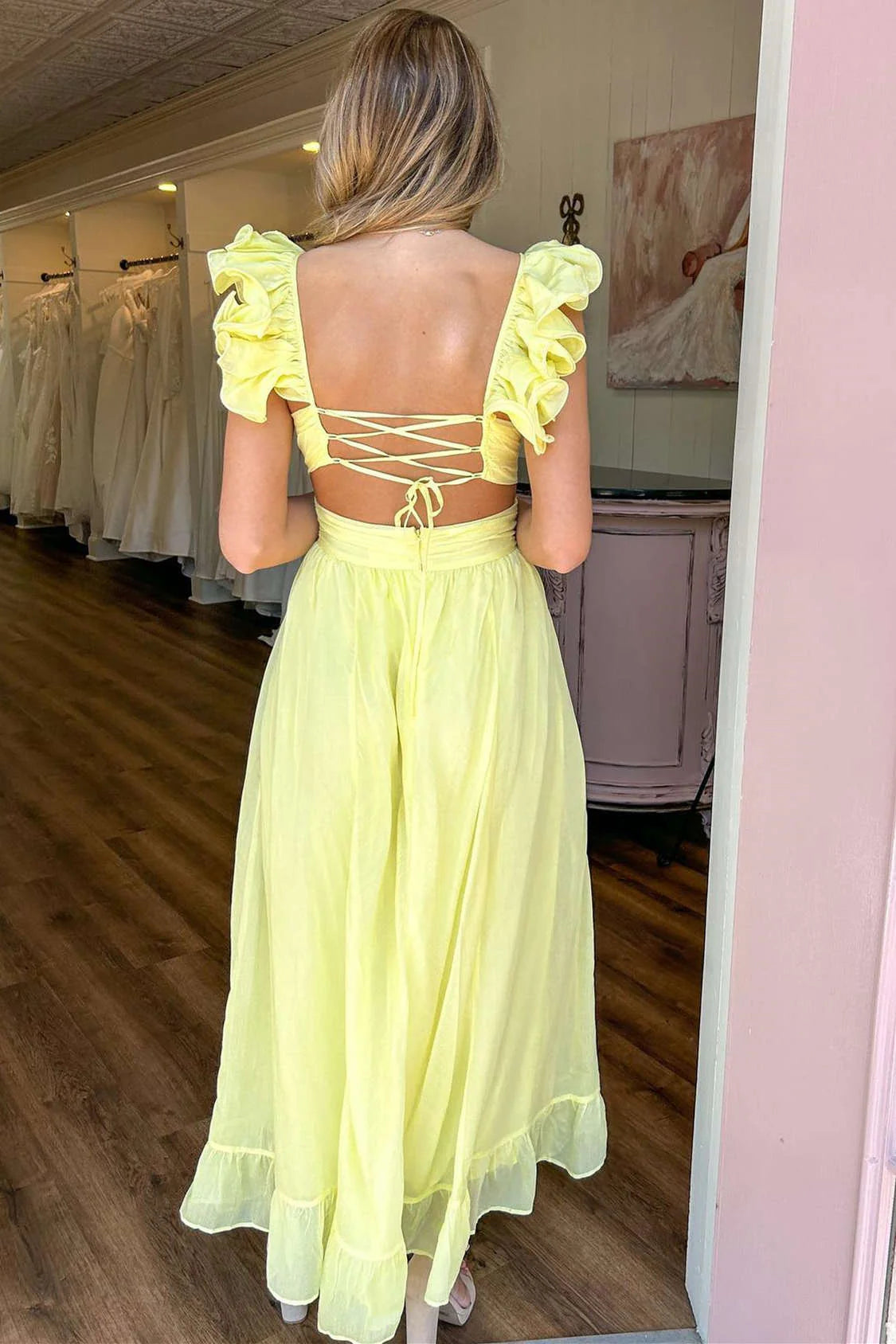 Pale Yellow A‑Line Deep‑V Neck Ruffled‑Strap Lace‑Up‑Back Ruffle‑Hem Midi Chiffon Formal Dress