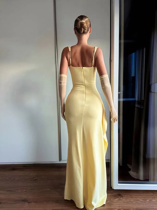 Pale Yellow Mermaid Square‑Neck Spaghetti‑Strap Closed‑Back Floor‑Length Prom Dress