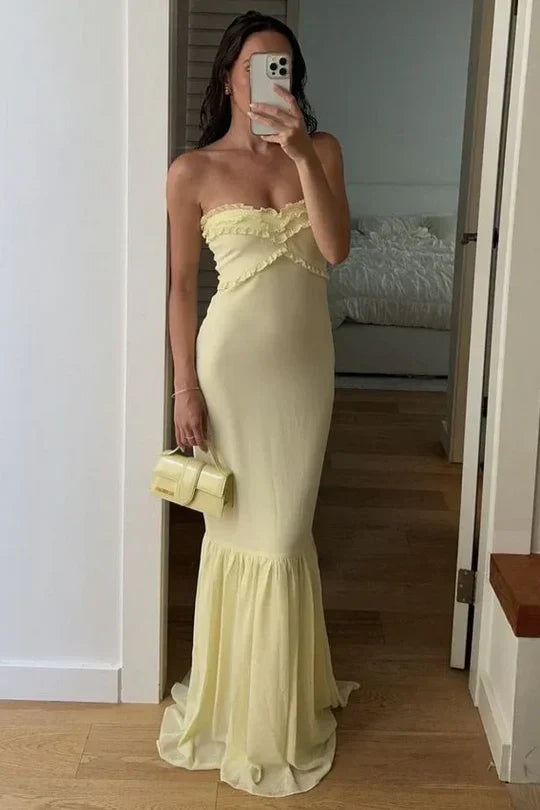 Pale Yellow Mermaid Strapless Ruffled Maxi Dress
