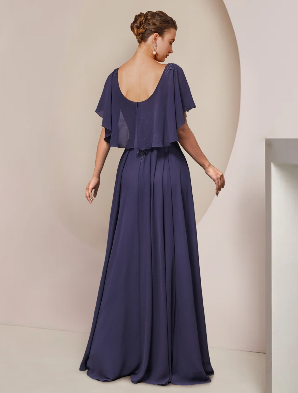 A-Linien-Kleid für die Mutter der Braut, formeller Hochzeitsgast, elegant, U-Ausschnitt, bodenlang, Chiffon, Spitze, ärmellos, mit Faltenapplikationen