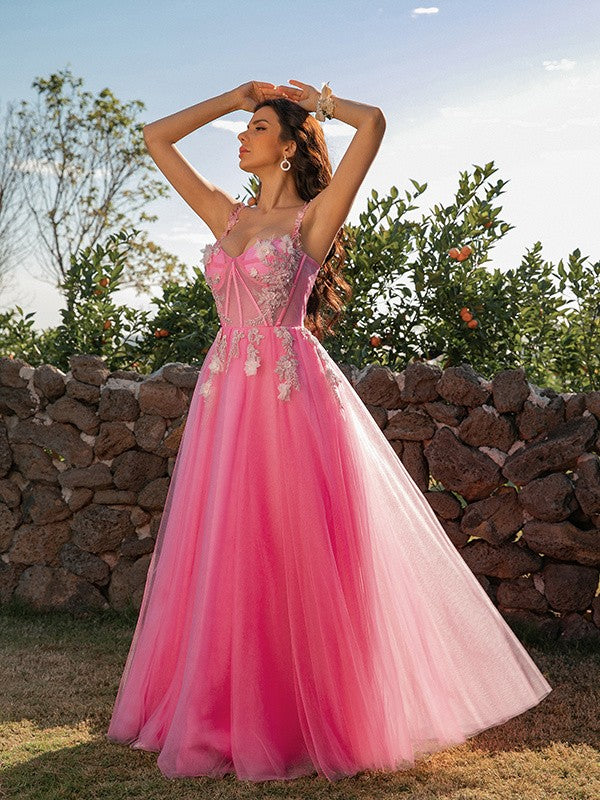 Robe trapèze/princesse en tulle avec bretelles appliquées, sans manches, longueur au sol
