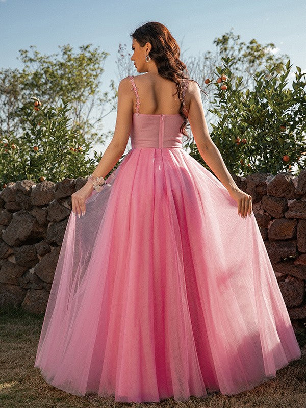 Robe trapèze/princesse en tulle avec bretelles appliquées, sans manches, longueur au sol