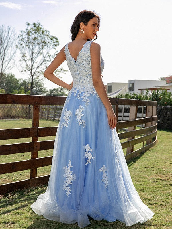 Robe trapèze/princesse en tulle, col en V, sans manches, traîne courte