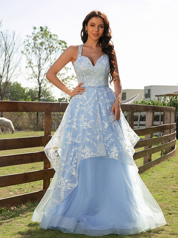 A-Line/Princess Tulle Lace V-neck Sleeveless Floor-Length Dresse