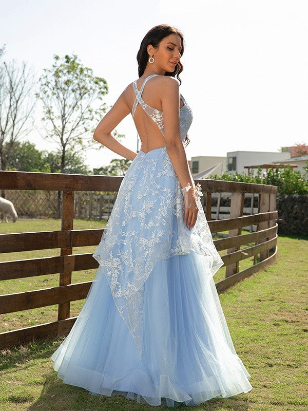 A-Line/Princess Tulle Lace V-neck Sleeveless Floor-Length Dresse