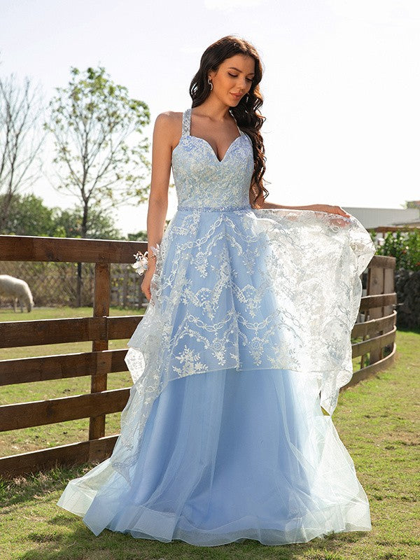 A-Line/Princess Tulle Lace V-neck Sleeveless Floor-Length Dresse