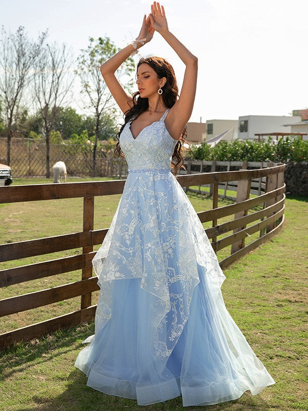 A-Line/Princess Tulle Lace V-neck Sleeveless Floor-Length Dresse