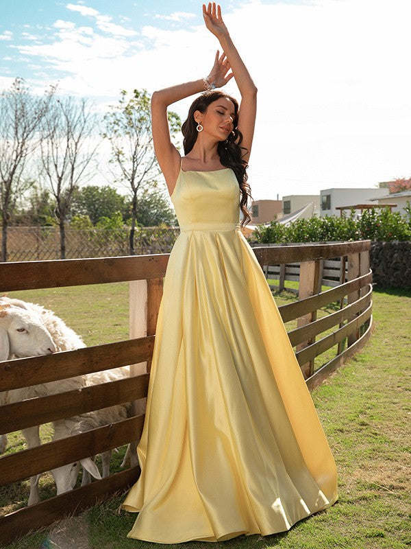 A-Line/Princess Satin Ruffles Spaghetti Straps Sleeveless Sweep/Brush Train Dresses