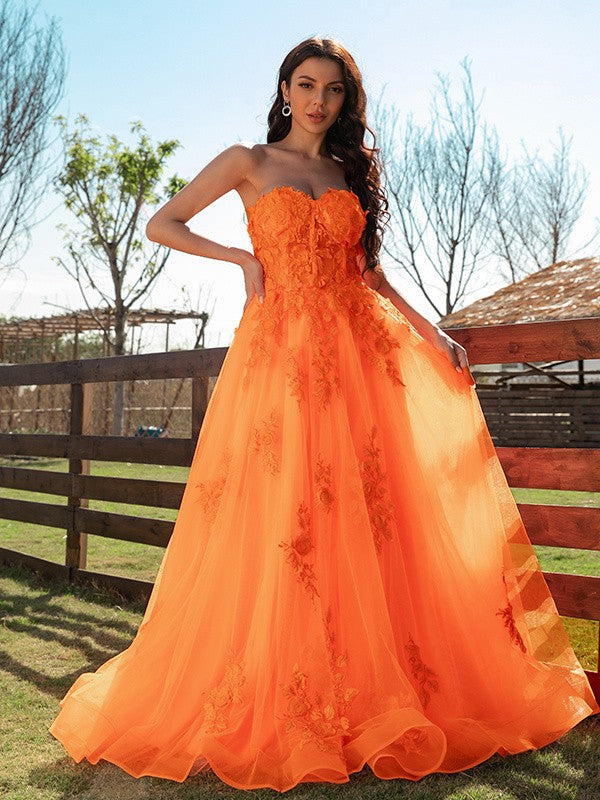 Robe trapèze/princesse en tulle avec appliques, décolleté en cœur, sans manches, longueur au sol