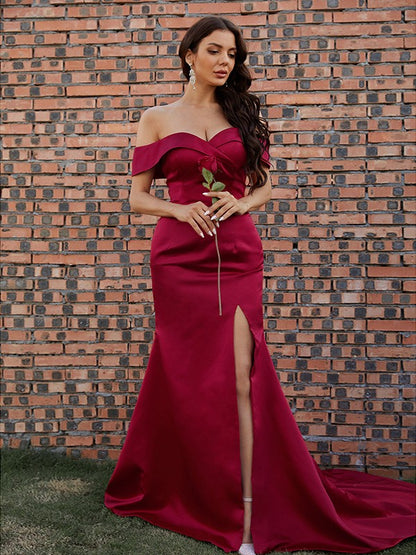 Sheath/Column Satin Ruched Off-the-Shoulder Sleeveless Sweep/Brush Train Dresses