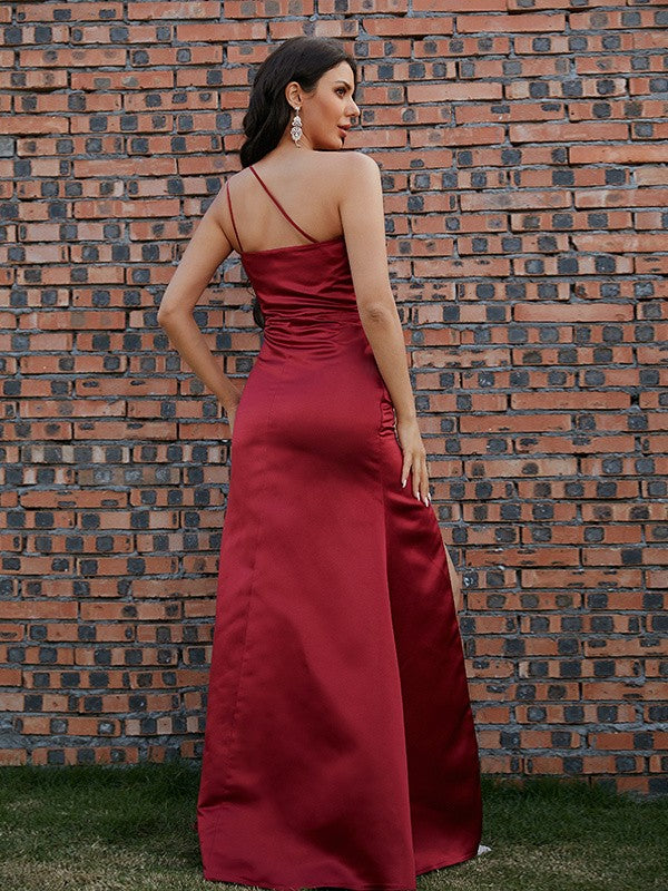 Etui-Linie/Säule Satin Rüschen One-Shoulder-Träger Ärmellos Bodenlang Kleider