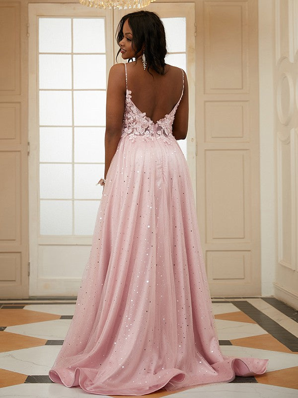 Robe trapèze/princesse en tulle, col en V, sans manches, traîne courte