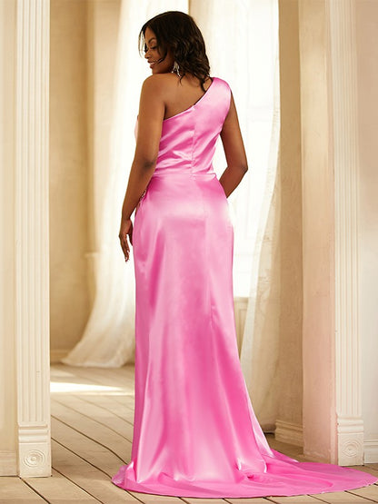 Sheath/Column  Woven Satin Ruched One-Shoulder Sleeveless Sweep/Brush Train Dresses
