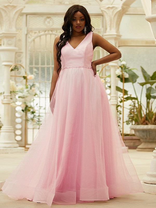 A-Line/Princess Ruffles V-neck Sleeveless Floor-Length Dresses
