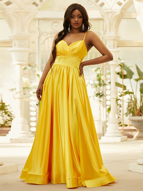 Robe trapèze/princesse en satin soyeux à volants, col en V, sans manches, longueur au sol