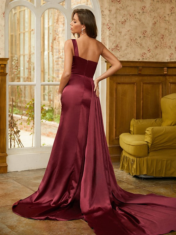 Sheath/Column  Woven Satin Sequin One-Shoulder Sleeveless Sweep/Brush Train Dresses