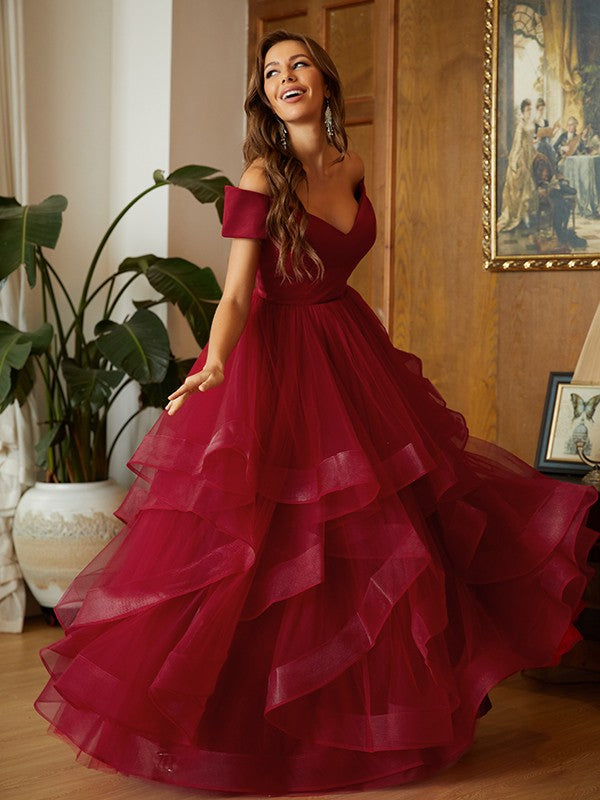 Robe trapèze/princesse en tulle à volants, épaules dénudées, sans manches, longueur au sol