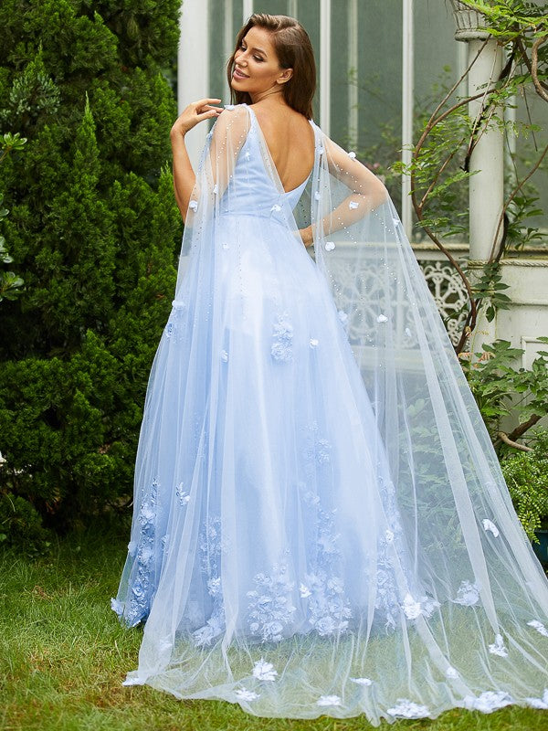 Robe trapèze/princesse en tulle, col en V, sans manches, traîne courte