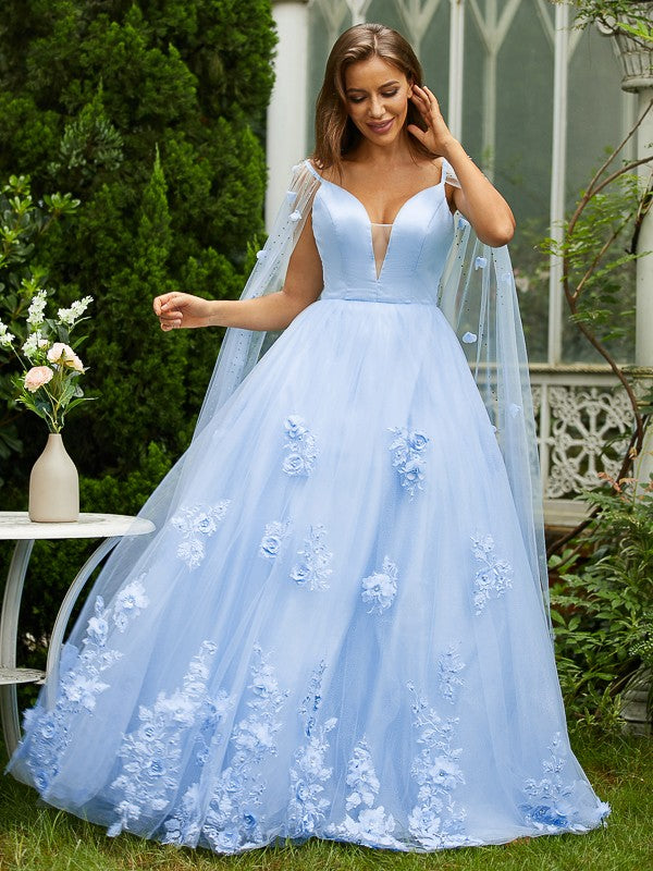 Robe trapèze/princesse en tulle, col en V, sans manches, traîne courte