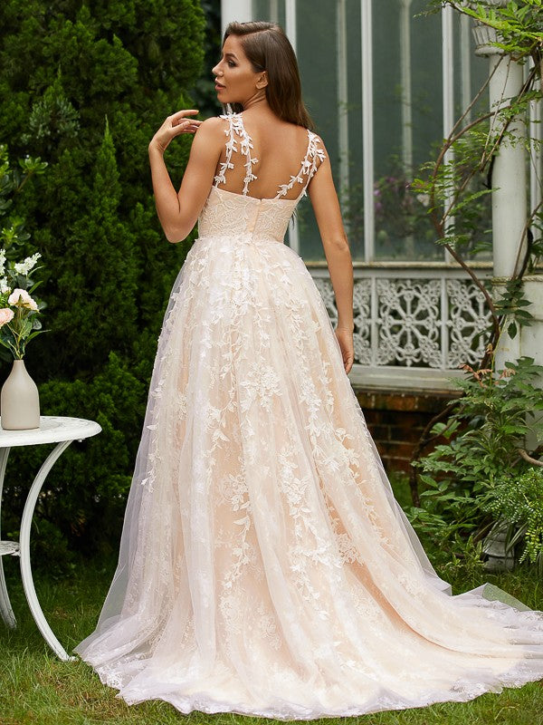Robe trapèze/princesse en tulle et dentelle, col en V, sans manches, traîne courte