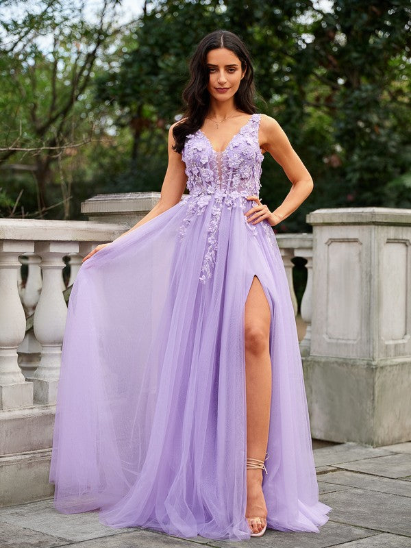 a-line sleeveless v-neck floor-length with applique tulle dresses A-Line/Princess Tulle Applique V-neck Sleeveless Floor-Length Dresses Koutun Dress