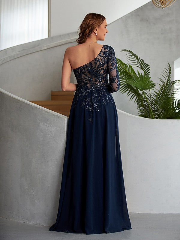 Etui-Linie Chiffon Applikationen One-Shoulder-Träger Lange Ärmel Bodenlang Kleider