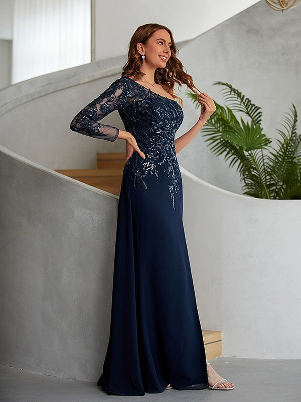 Etui-Linie Chiffon Applikationen One-Shoulder-Träger Lange Ärmel Bodenlang Kleider