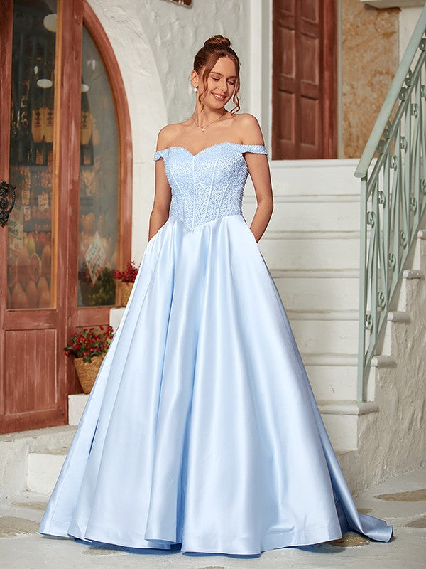 Robe de bal en satin avec perles, épaules dénudées, sans manches, traîne courte